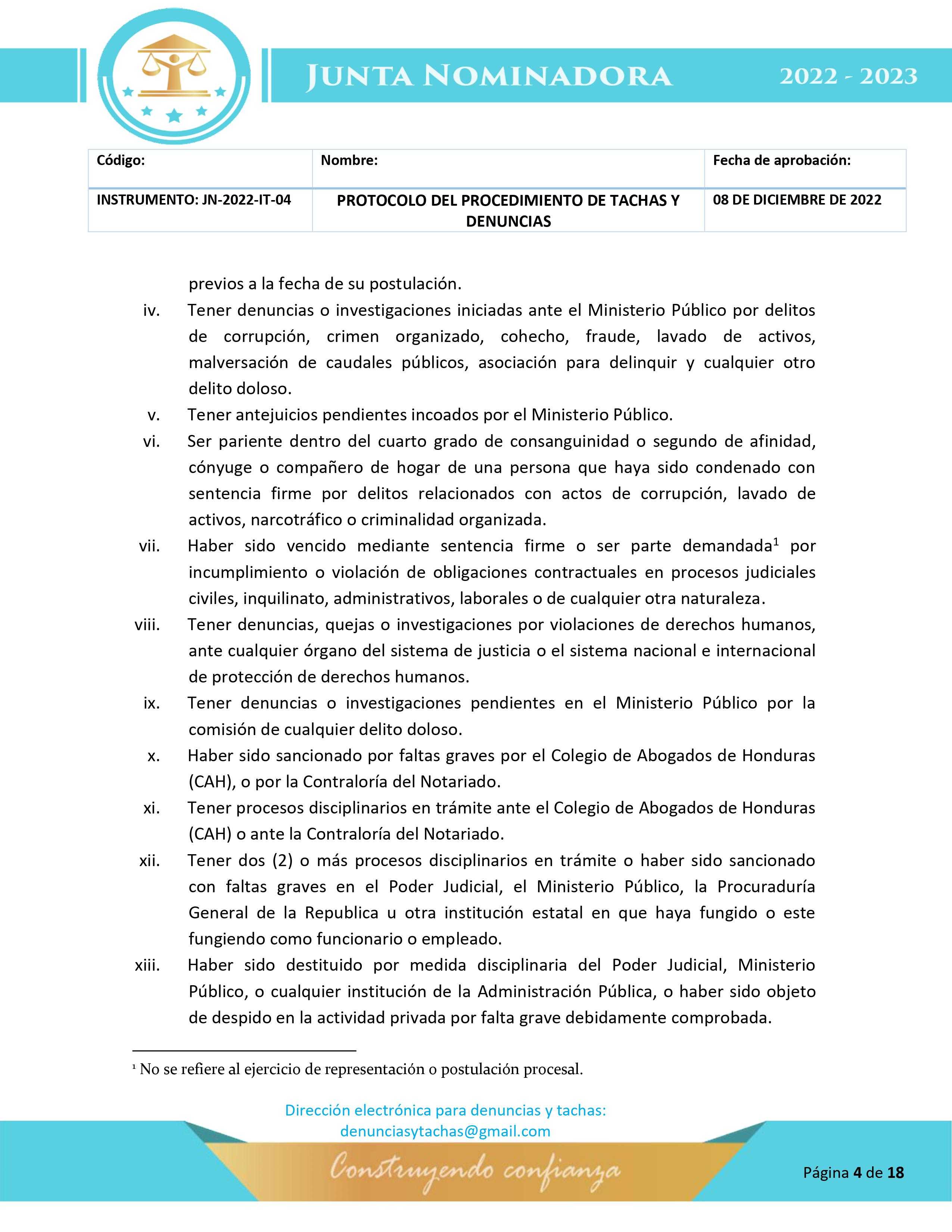 Protocolo para la etapa de tachas y denuncias